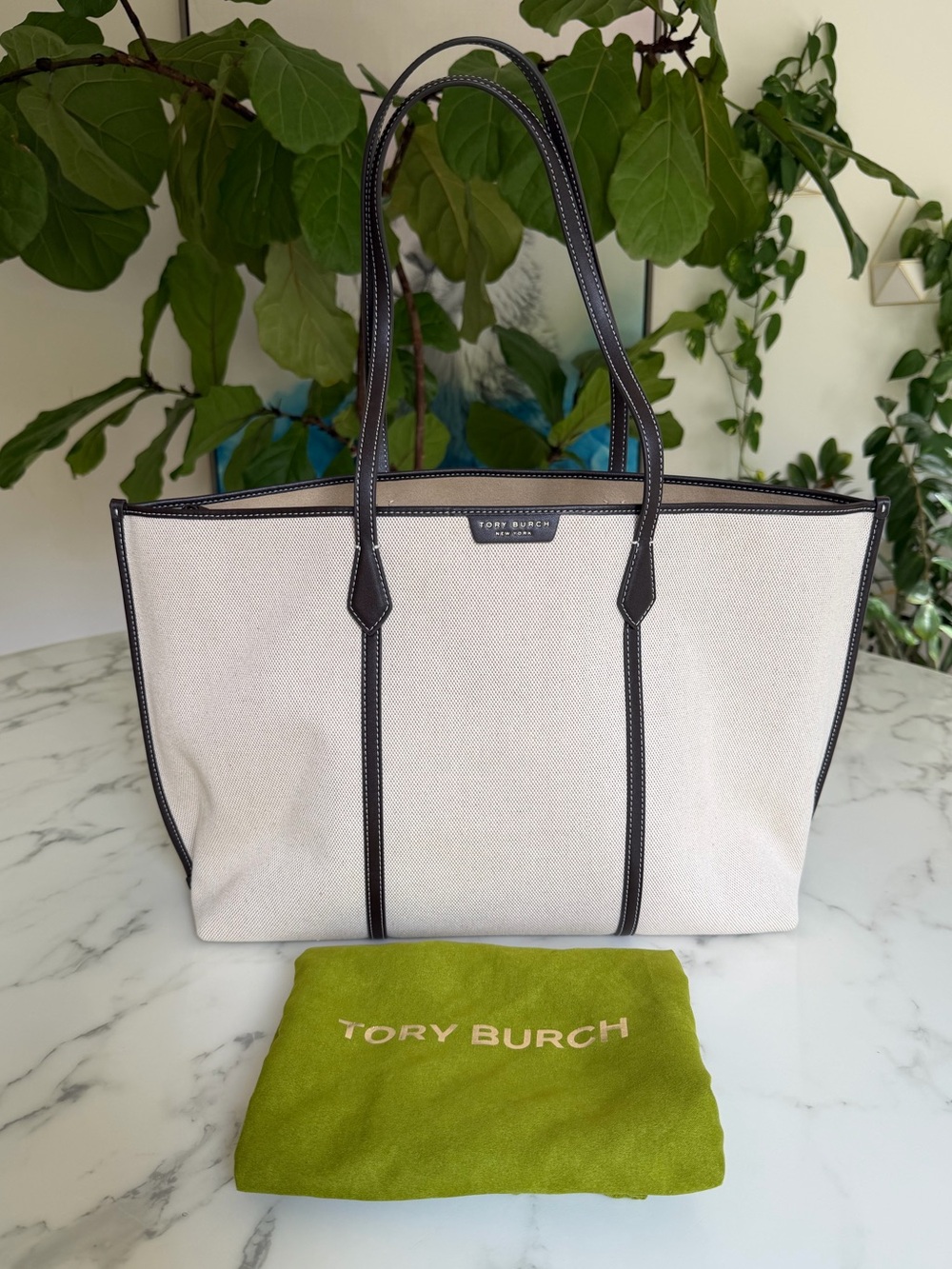 Tory Burch Perry Canvas Tote Natural / Brown with Removable Laptop Pouch